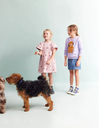 Embroidered Sweatshirt Dress-Vintage Pink Pups