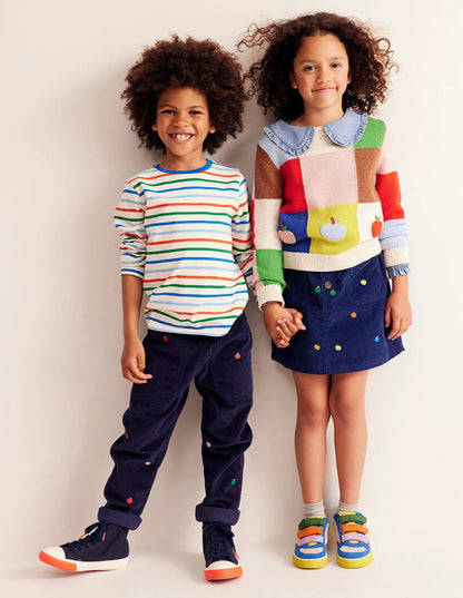 Button Pull-On Mini Skirt-Navy Multi Apples Embroidery