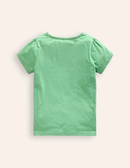 Puff Sleeve Appliqué T-shirt-Aloe Green Mice