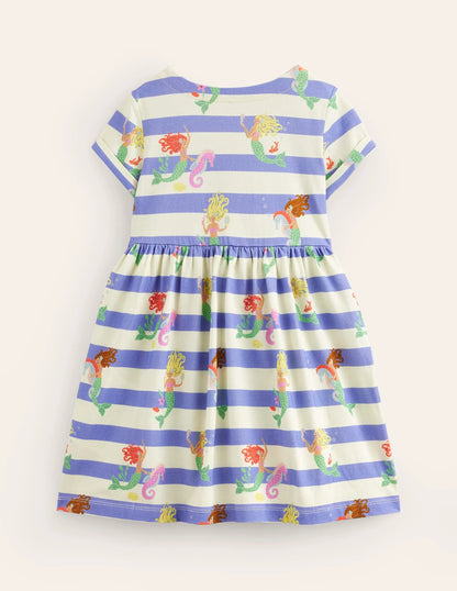 Short-sleeved Fun Jersey Dress-Surf Blue Mermaid Stripe
