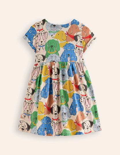 Short-sleeved Fun Jersey Dress-Multi Coloured Dogs