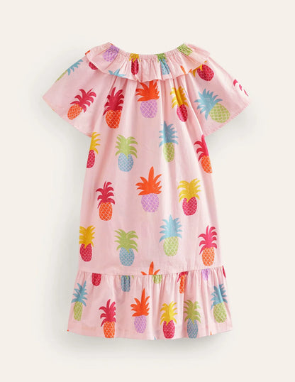 Frill Neck Woven Dress-Blooming pink Pineapples