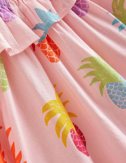 Frill Neck Woven Dress-Blooming pink Pineapples