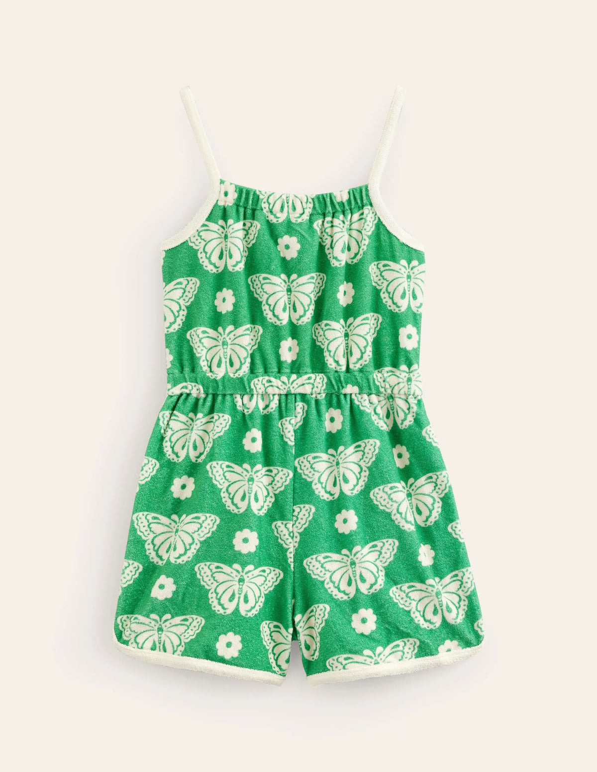 Strappy Towelling Romper-Pea Green Butterfly Stamp