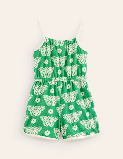 Strappy Towelling Romper-Pea Green Butterfly Stamp