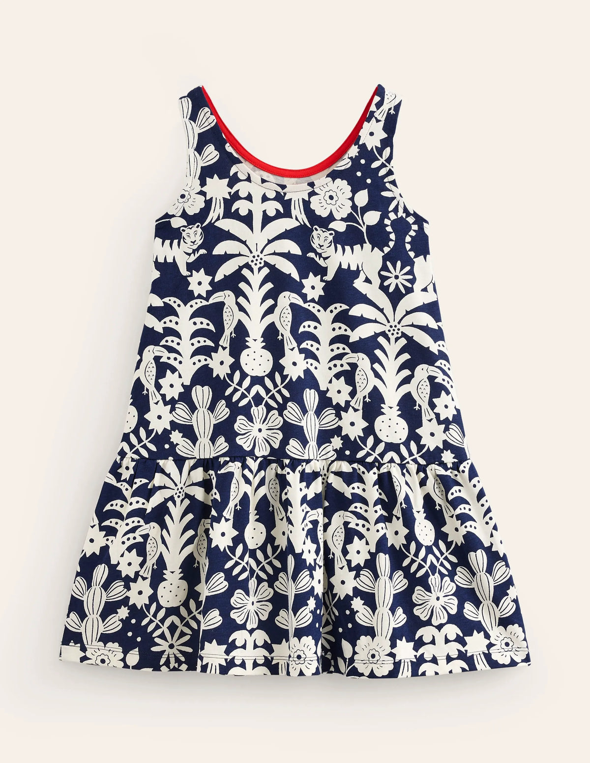Strappy Drop Waist Dress-College Navy Animal Woodblock