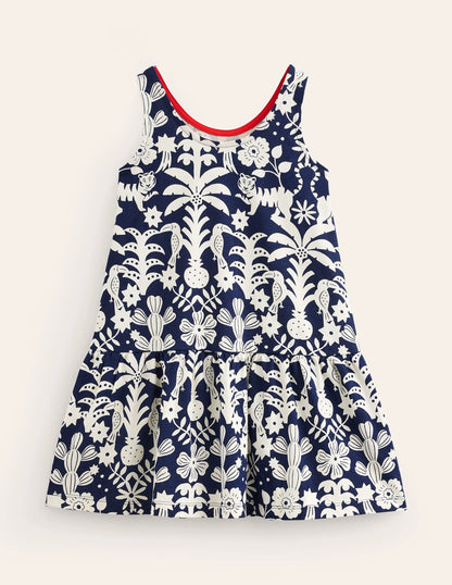 Strappy Drop Waist Dress-College Navy Animal Woodblock