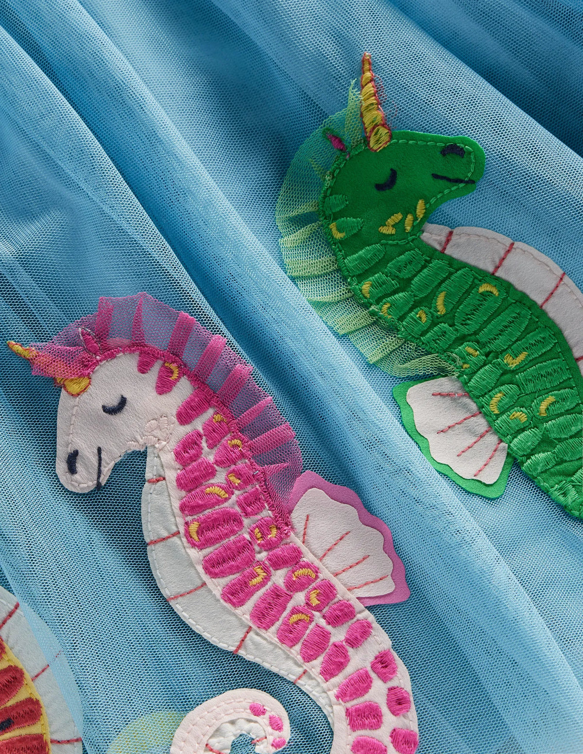 Jersey Tulle Appliqué Dress-Aqua Sea Blue Seahorses