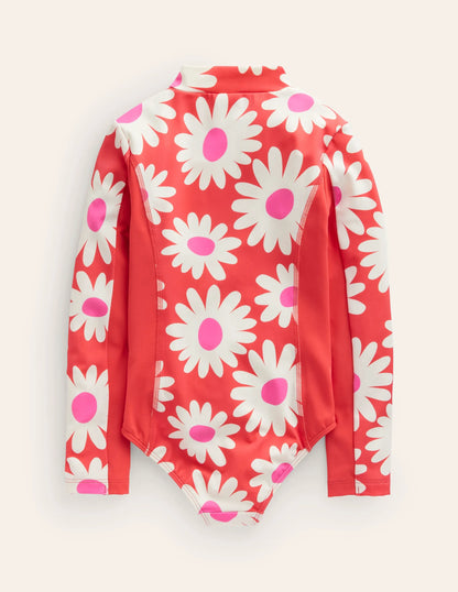 Long-sleeved Swimsuit-Cayenne Red Daisy