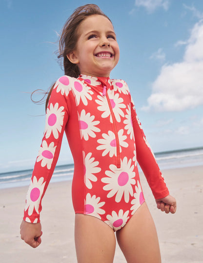 Long-sleeved Swimsuit-Cayenne Red Daisy