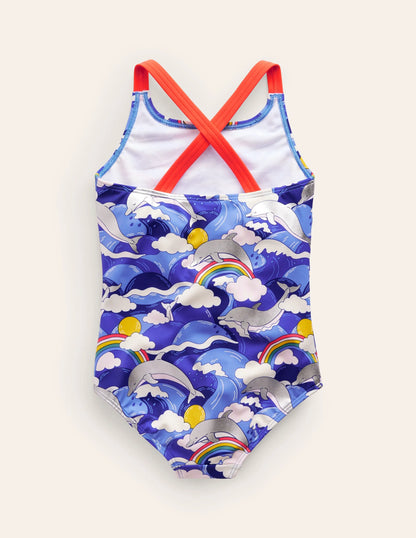 Cross-back Printed Swimsuit-Ultramarine Foil Dolphin