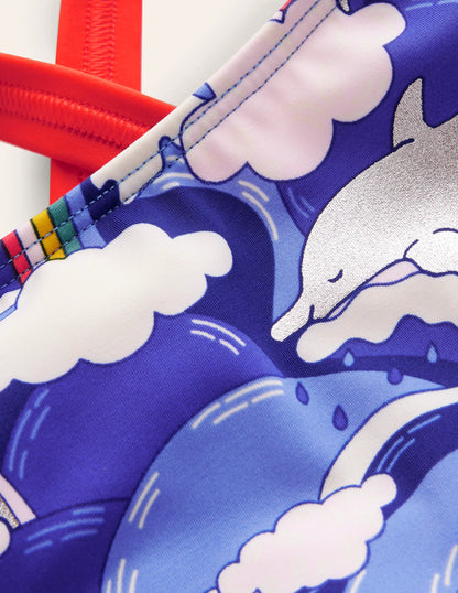 Cross-back Printed Swimsuit-Ultramarine Foil Dolphin