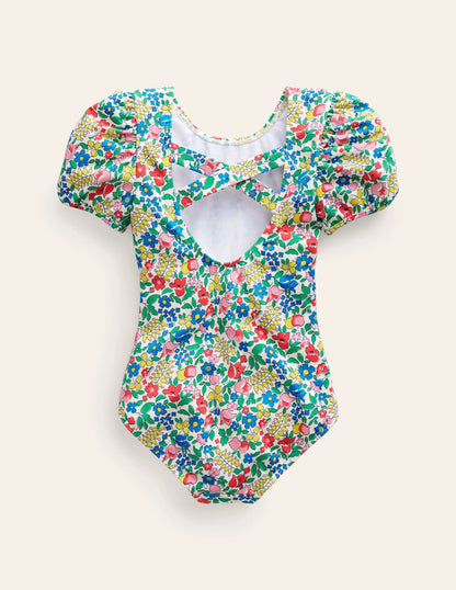 Printed Puff-sleeved Swimsuit-Multi Flowerbed