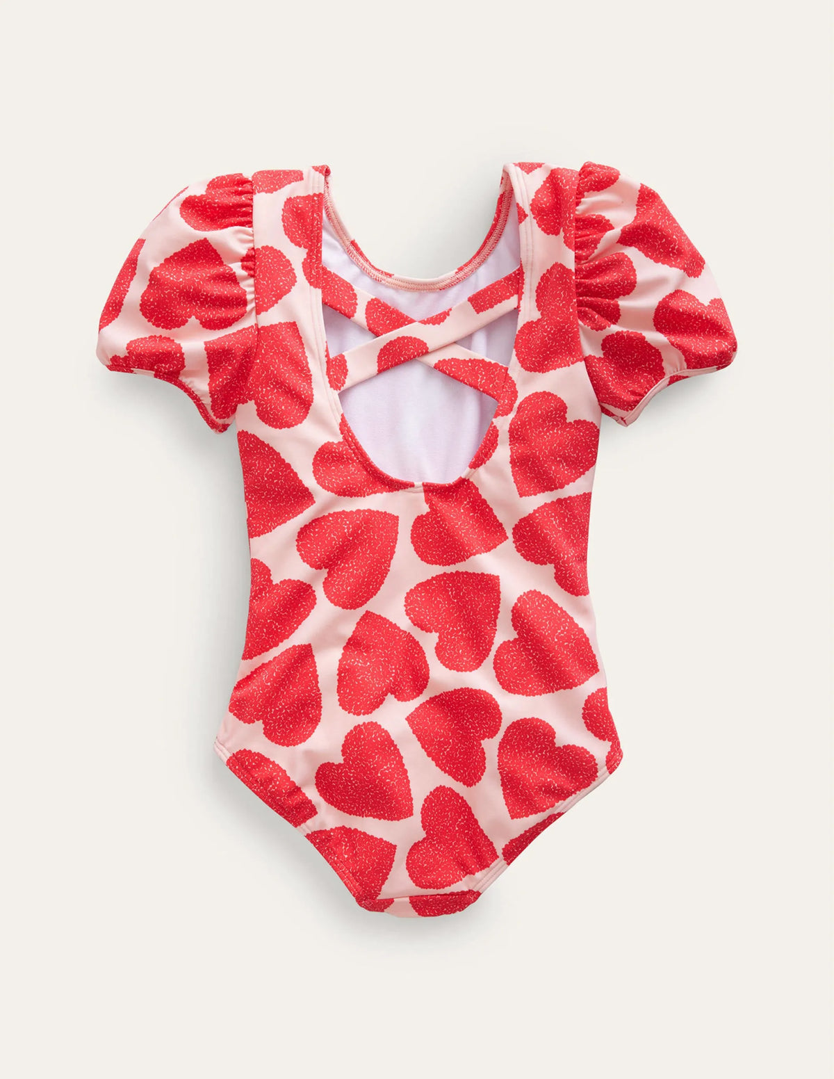 Printed Puff-sleeved Swimsuit-Ballet Pink Hearts
