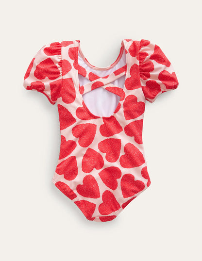 Printed Puff-sleeved Swimsuit-Ballet Pink Hearts