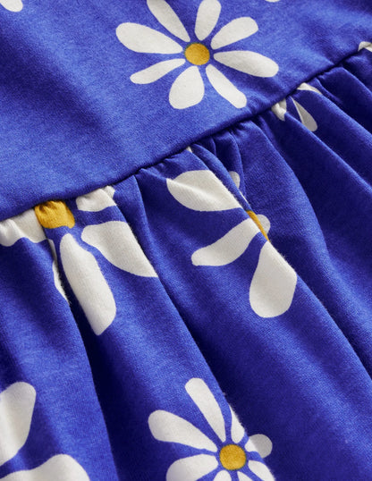 Long Sleeve Fun Jersey Dress-Sapphire Blue Daisies