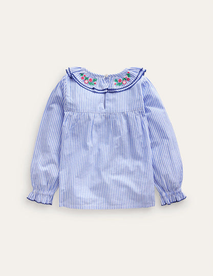 Embroidered Collar Top-Surf Blue / Ivory Stripe