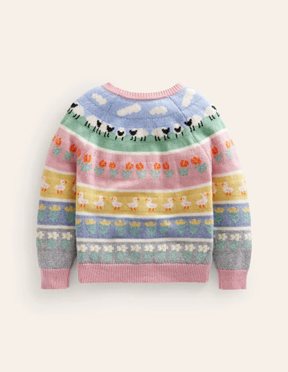 Fair Isle Cardigan-Almond Pink Easter Animals