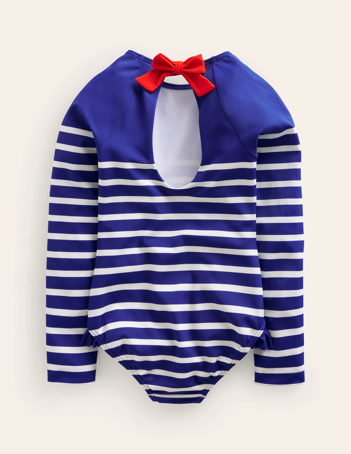 Long Sleeve Frilly Swimsuit-Sapphire Blue, Ivory Stripe