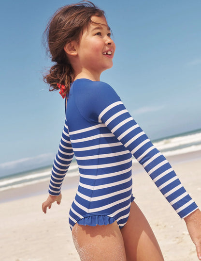 Long Sleeve Frilly Swimsuit-Sapphire Blue, Ivory Stripe