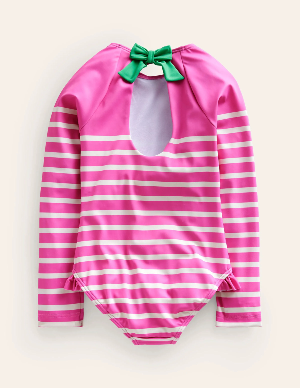 Long Sleeve Frilly Swimsuit-Pink, Ivory Stripe