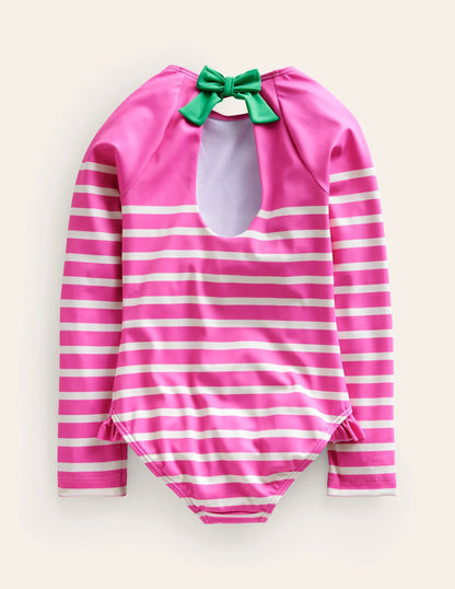 Long Sleeve Frilly Swimsuit-Pink, Ivory Stripe