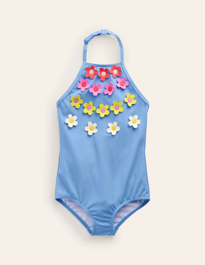 Halterneck Flutter Swimsuit-Blue Multi Flower