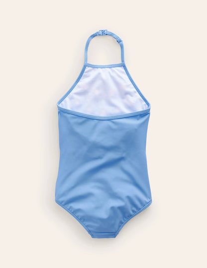 Halterneck Flutter Swimsuit-Blue Multi Flower