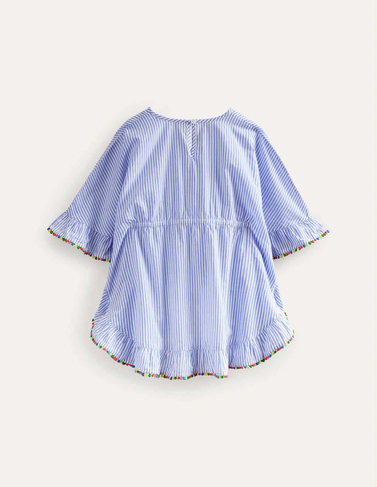 Pom Trim Poncho Kaftan-Surf Blue / Ivory Stripe