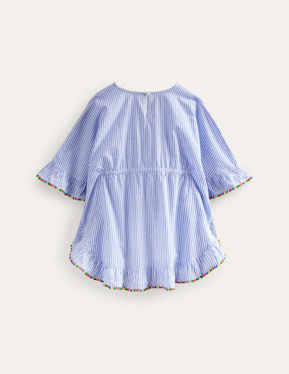 Pom Trim Poncho Kaftan-Surf Blue / Ivory Stripe
