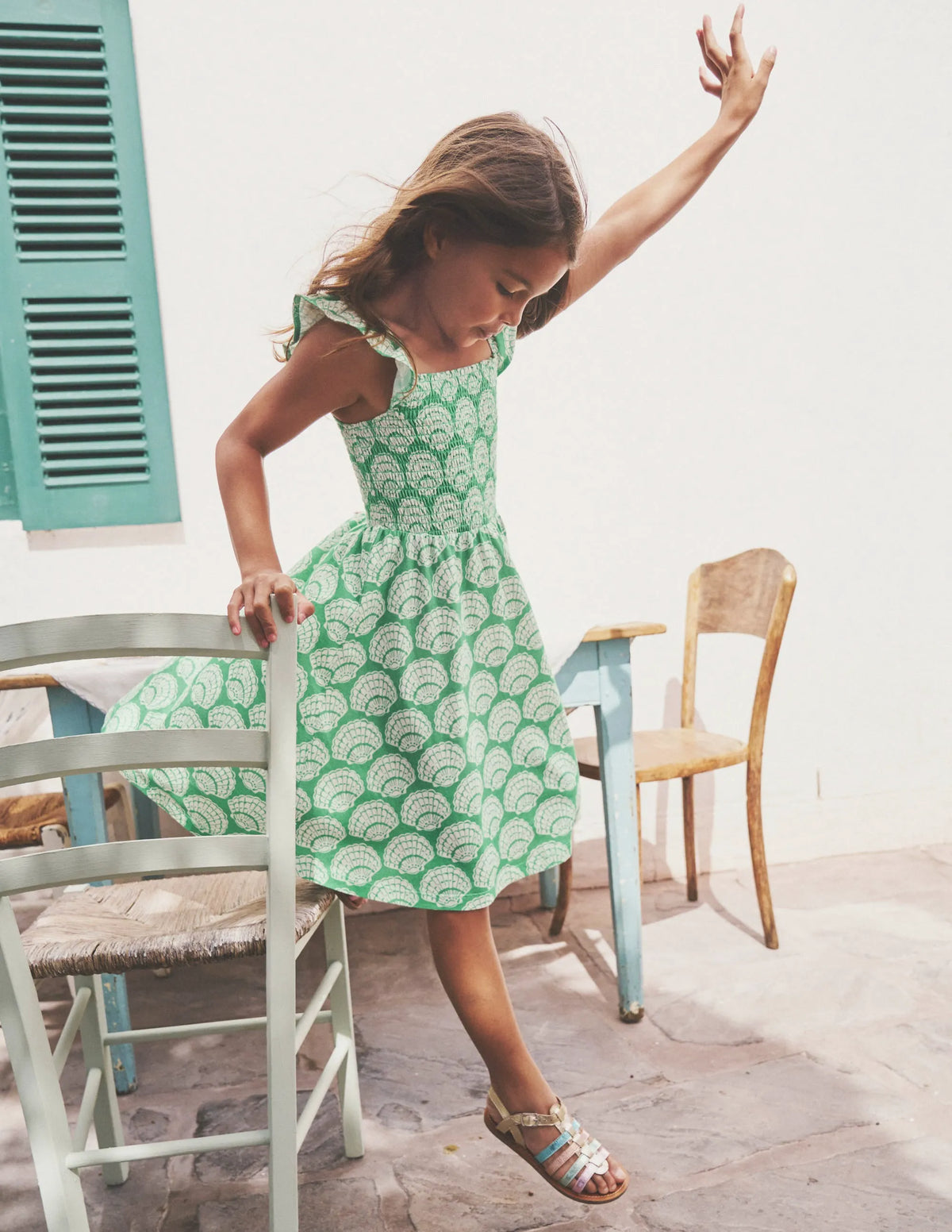 Shirred Jersey Dress-Pea Green Seashells