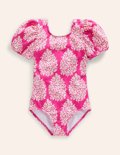 Printed Puff-sleeved Swimsuit-Pink Small Flower Stamp