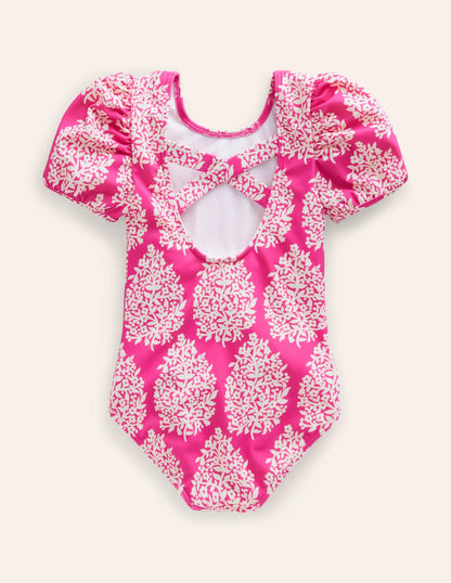 Printed Puff-sleeved Swimsuit-Pink Small Flower Stamp