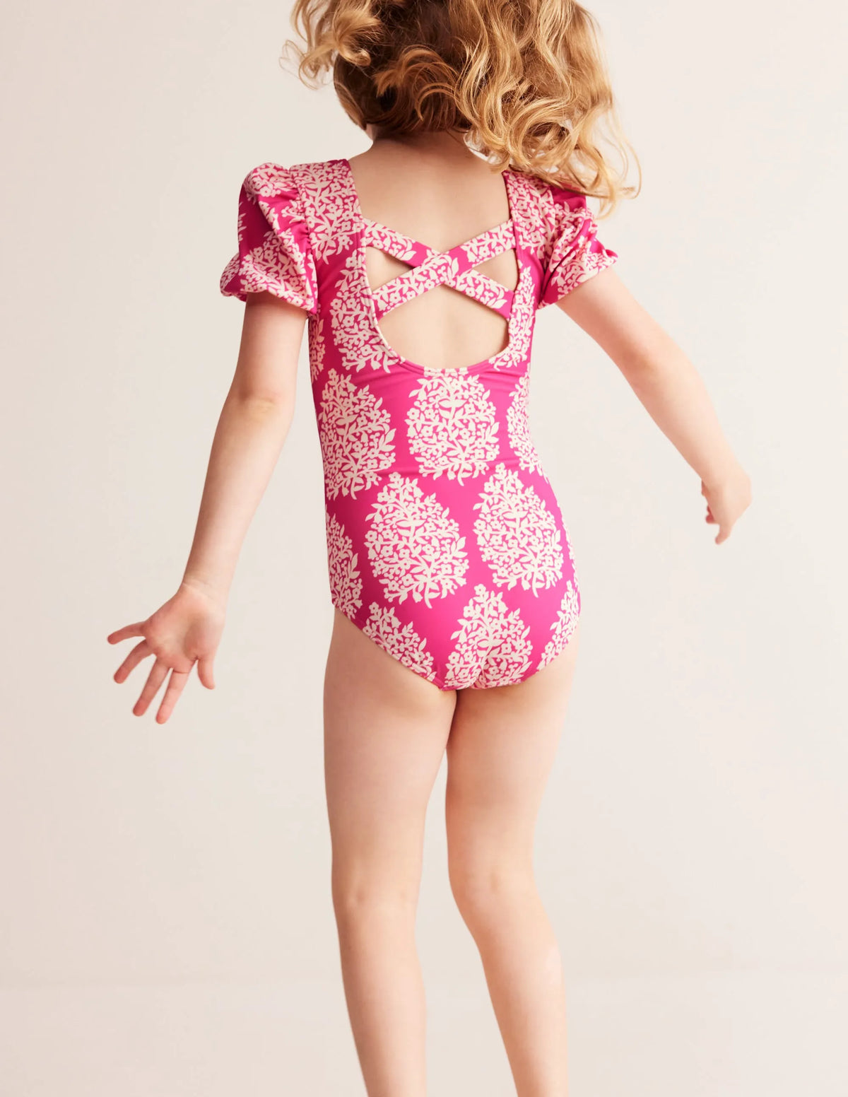 Printed Puff-sleeved Swimsuit-Pink Small Flower Stamp
