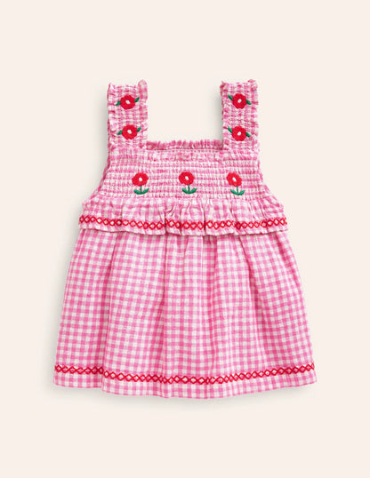 Embroidered Shirred Top-Pink Gingham