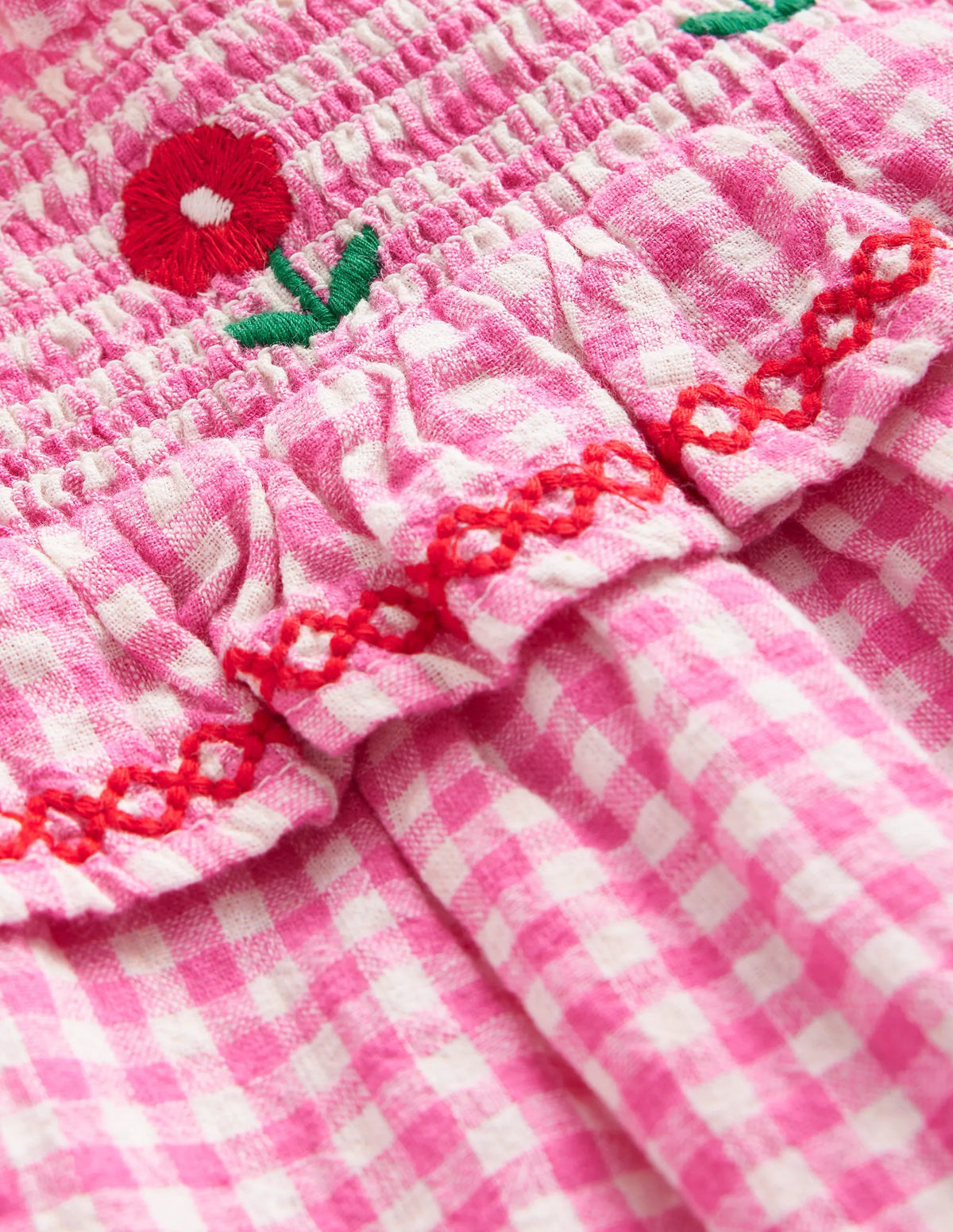 Embroidered Shirred Top-Pink Gingham