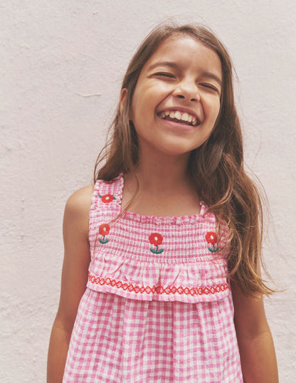 Embroidered Shirred Top-Pink Gingham