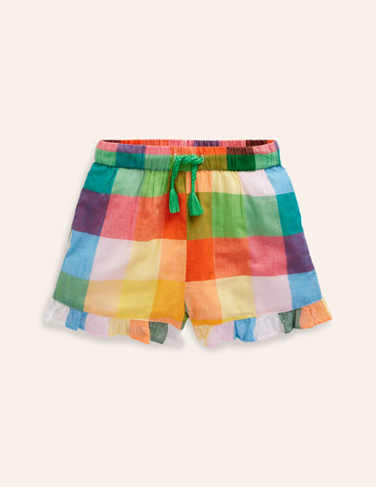 Frill Hem Woven Shorts-Bright Neon Multigingham