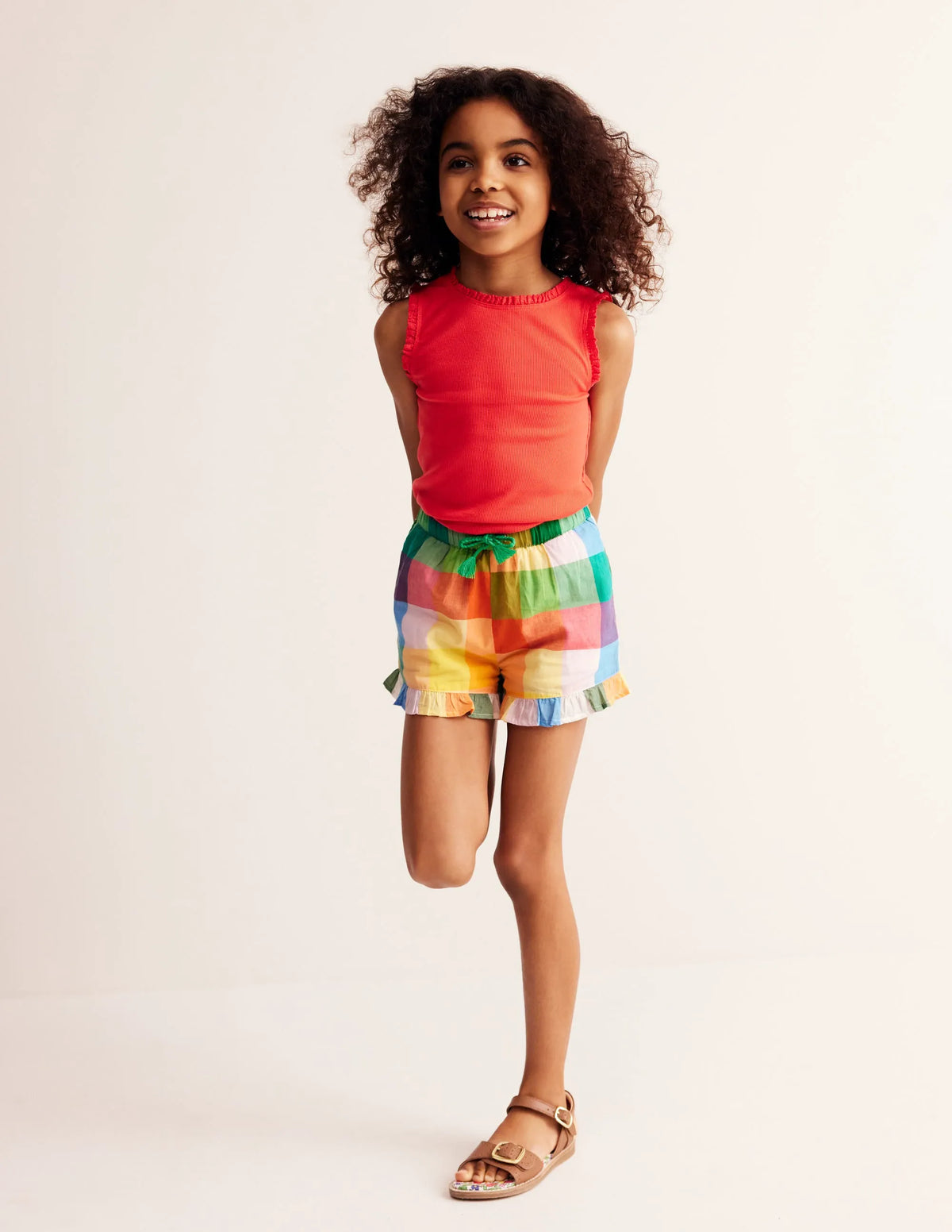 Frill Hem Woven Shorts-Bright Neon Multigingham