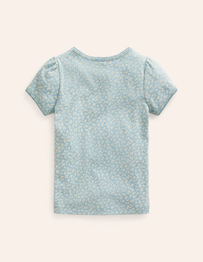 Short-sleeved Pointelle Top-Vintage Blue Floral