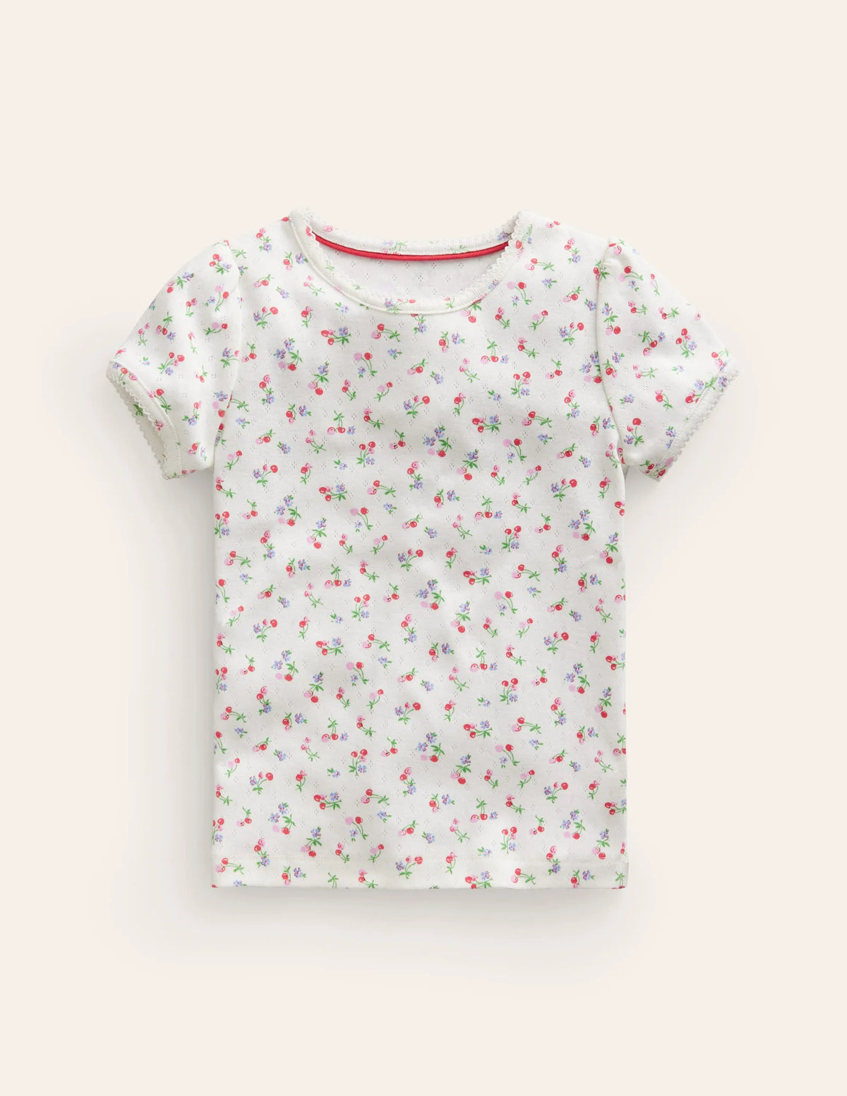 Short-sleeved Pointelle Top-Ivory Little Cherries
