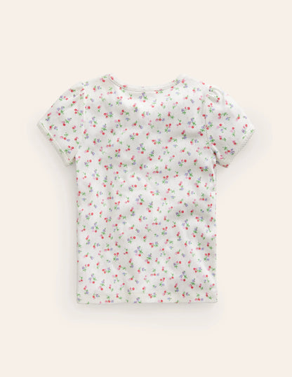Short-sleeved Pointelle Top-Ivory Little Cherries