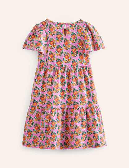 Tiered Flutter Jersey Dress-Peony Pink Paisley