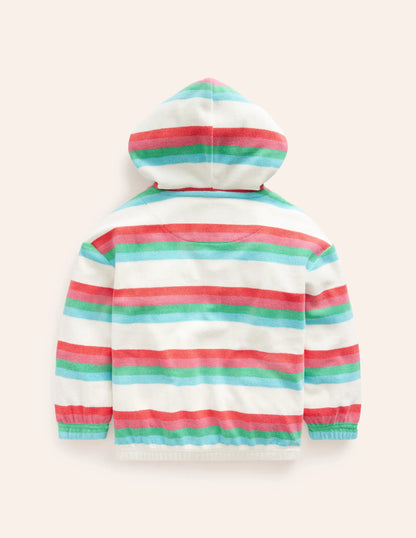 Towelling Hoodie-Hot Coral & Pink Stripe
