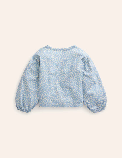 Blouson Sleeve Logo Top-Vintage Blue Ditsy Rainbow