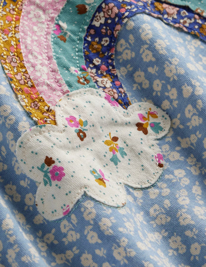 Blouson Sleeve Logo Top-Vintage Blue Ditsy Rainbow