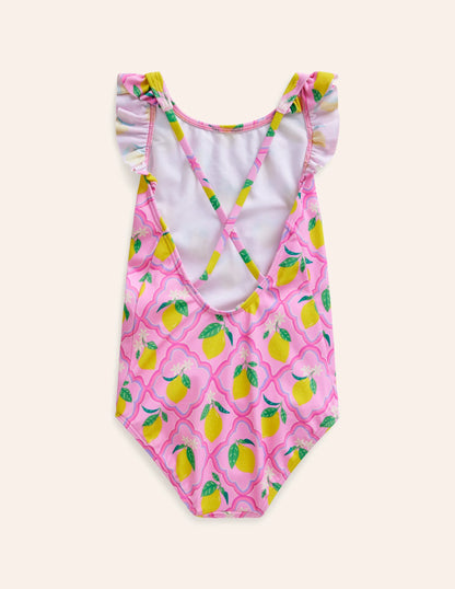 Frill Crossback Swimsuit-Pink Lemon Grove