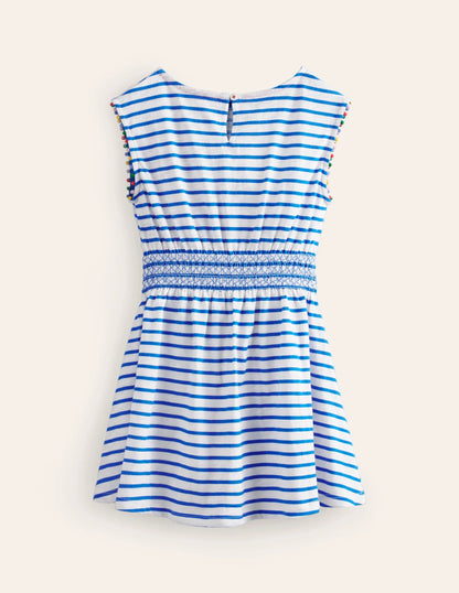 Shirred Waist Jersey Dress-Greek Blue/ Ivory Cherries