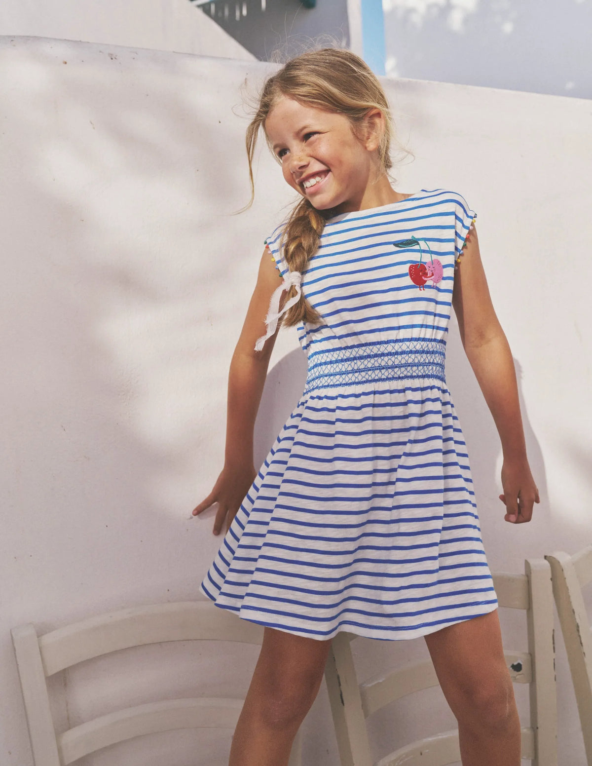 Shirred Waist Jersey Dress-Greek Blue/ Ivory Cherries