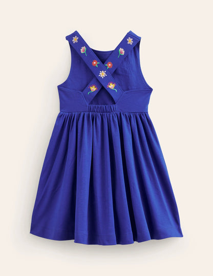 Jersey Cross-back Dress-Sapphire Blue Embroidery